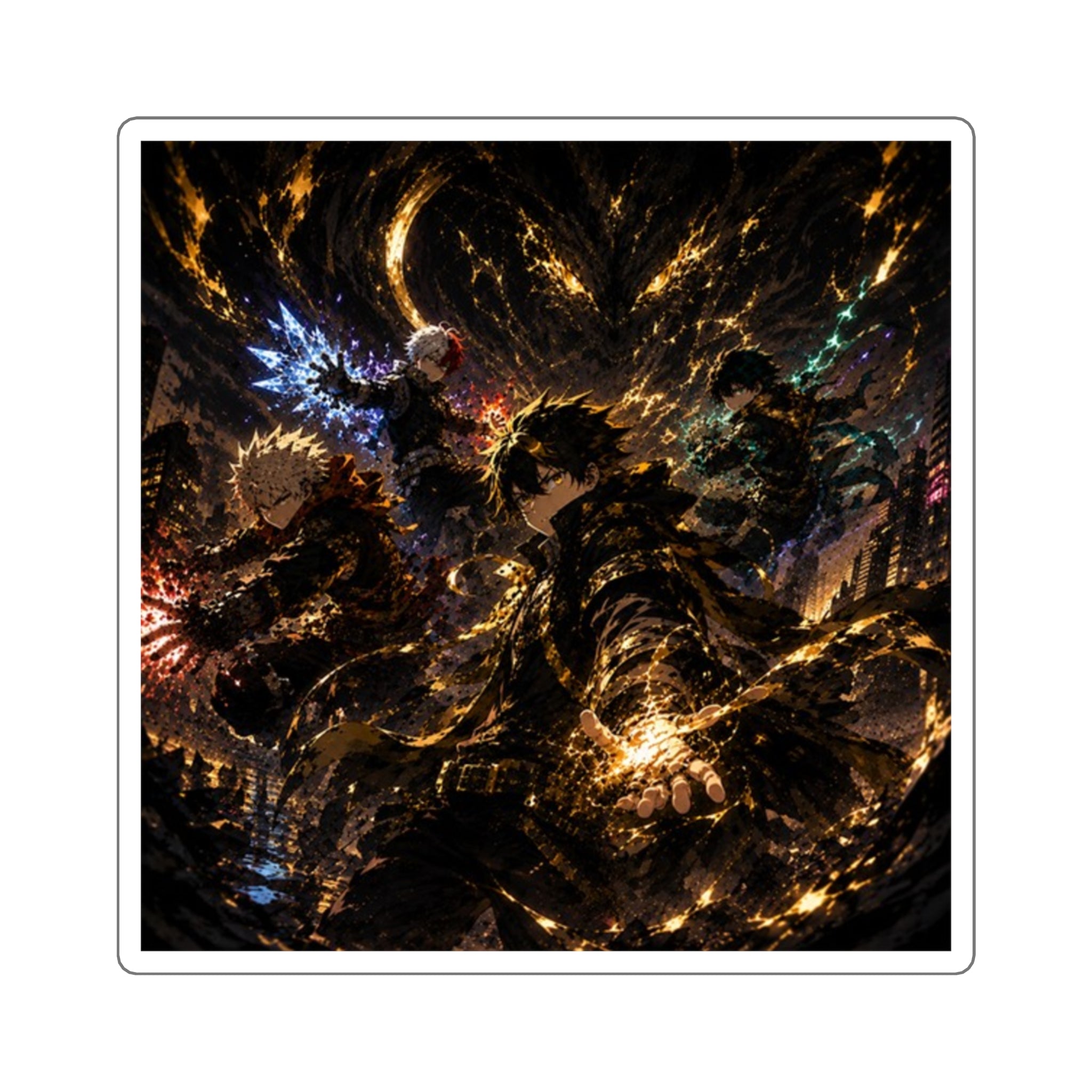 Anime Power Collage Square Sticker — Dynamic Golden Action Art