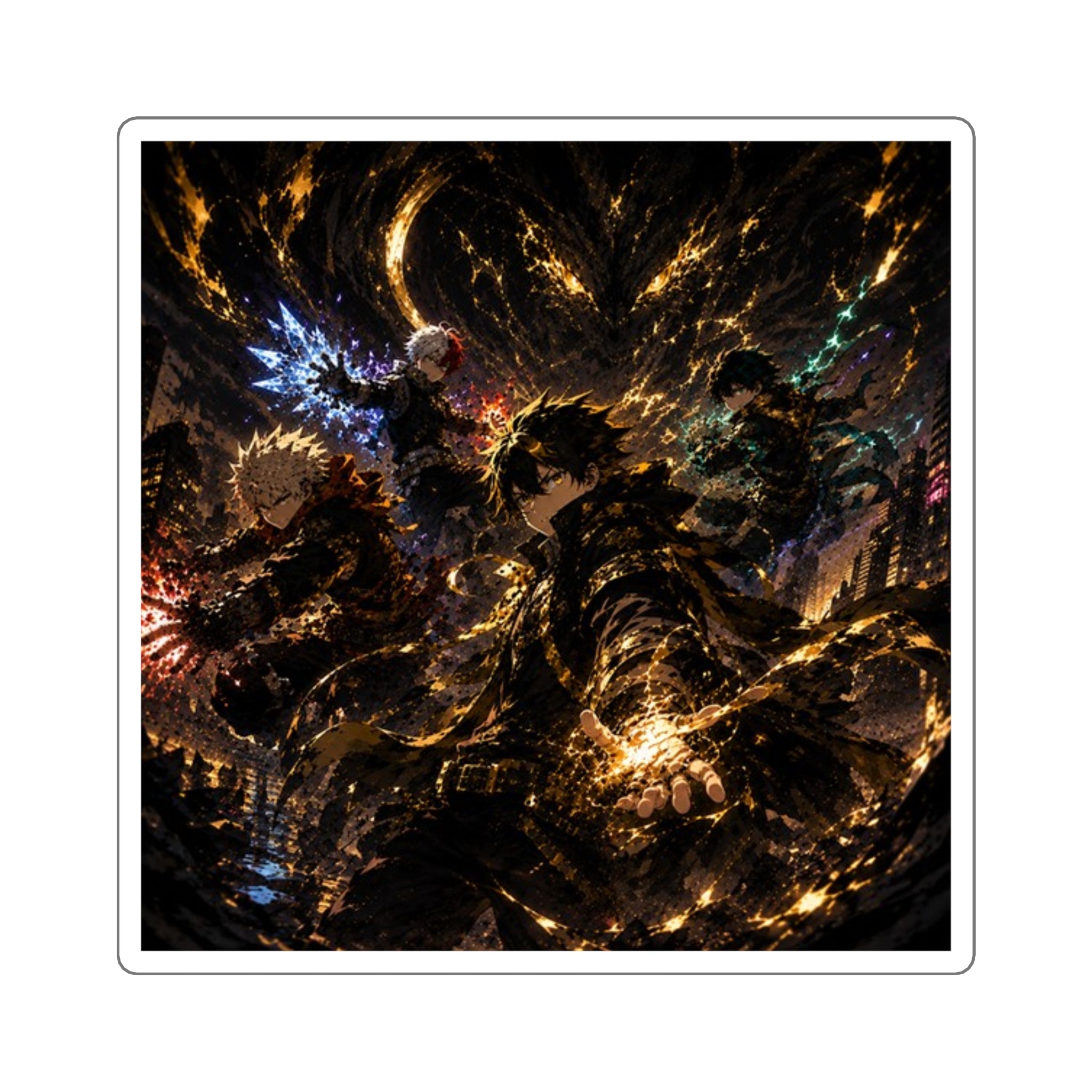 Anime Power Collage Square Sticker — Dynamic Golden Action Art